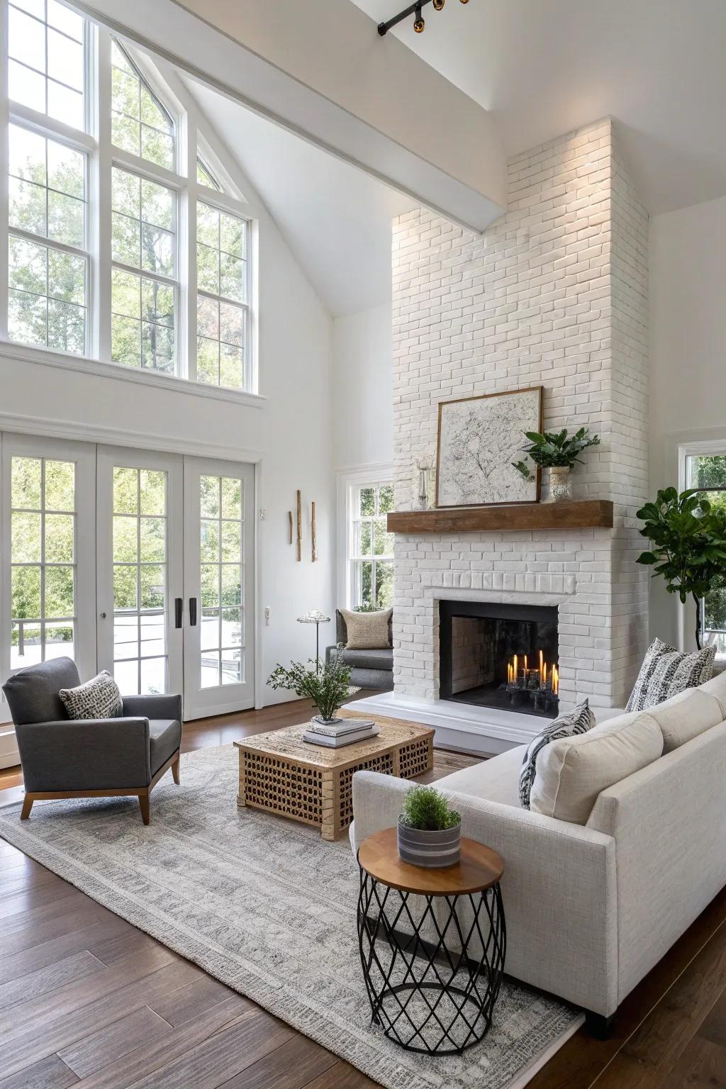 Two-tone painted brick fireplace adds depth and interest.