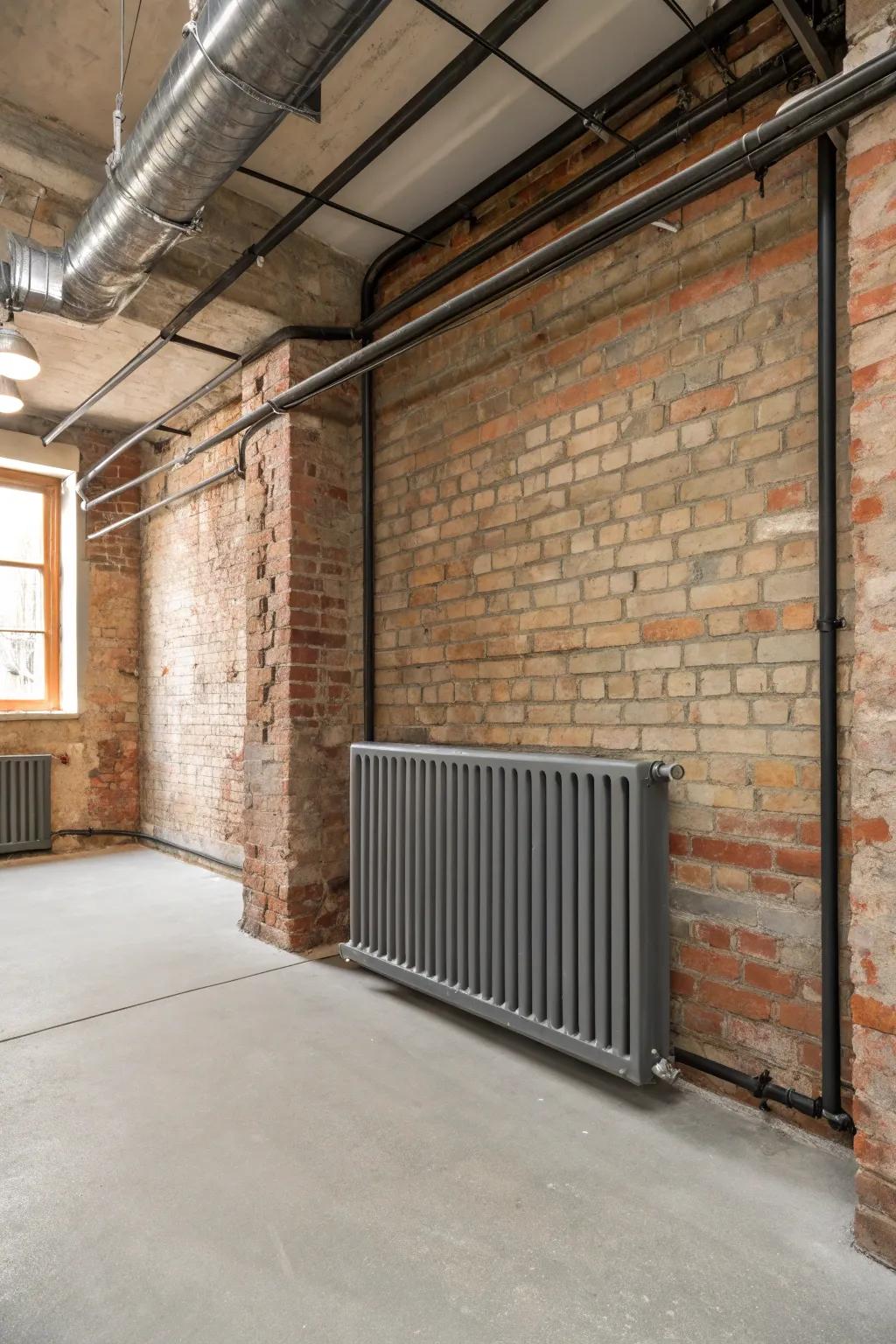 An industrial-style room showcasing a metallic radiator shield.