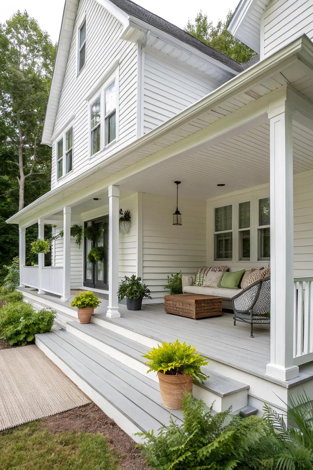A white facade featuring an inviting porch framed by lush greenery.