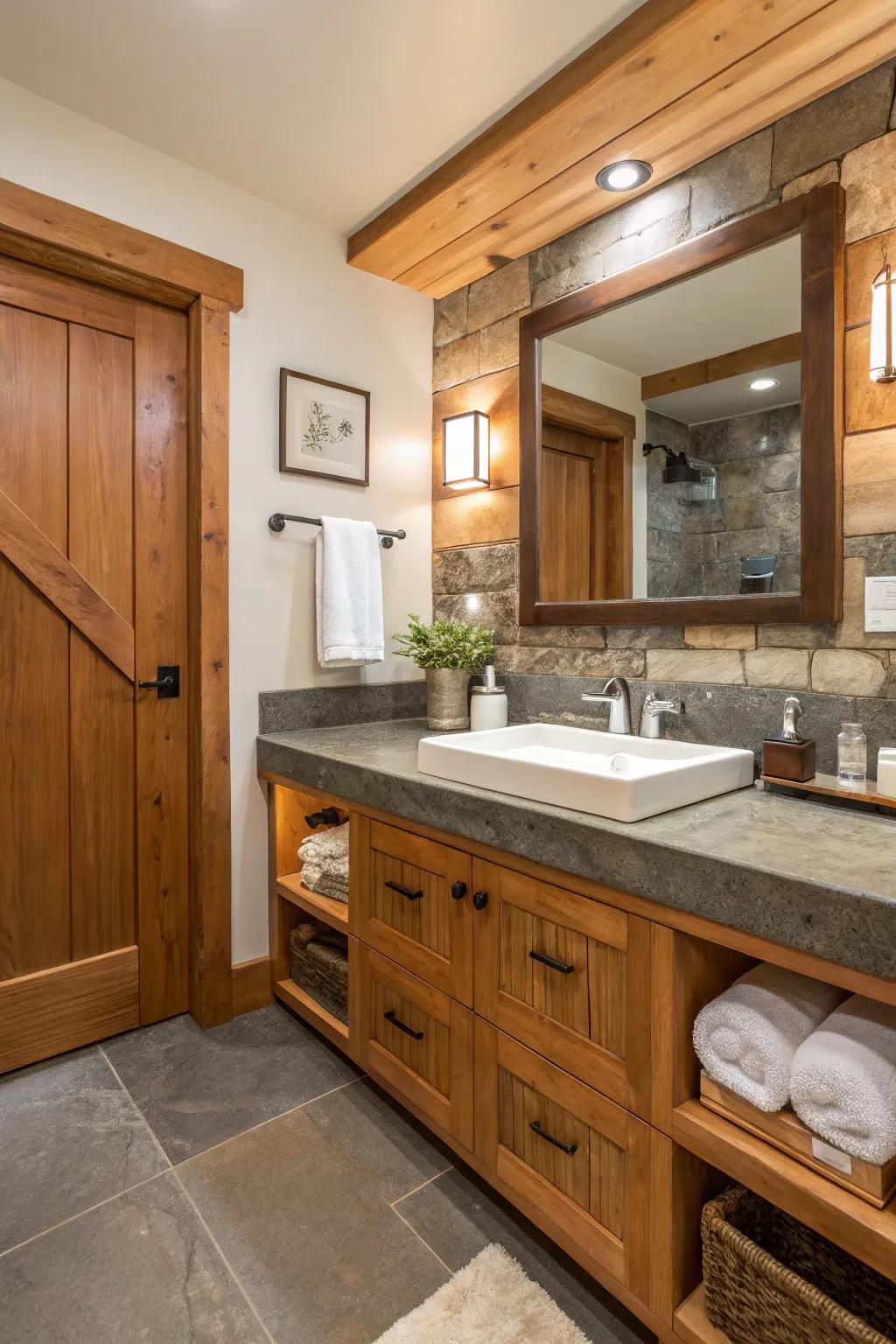 Natural elements provide harmony and warmth to moody bathrooms.