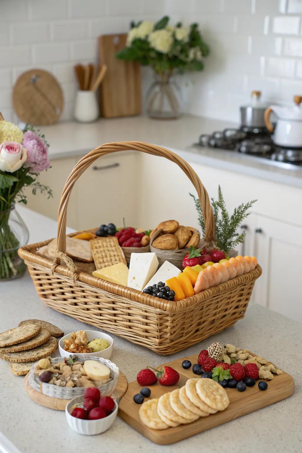 An epicurean basket brimming with delectable treats for new home festivities.