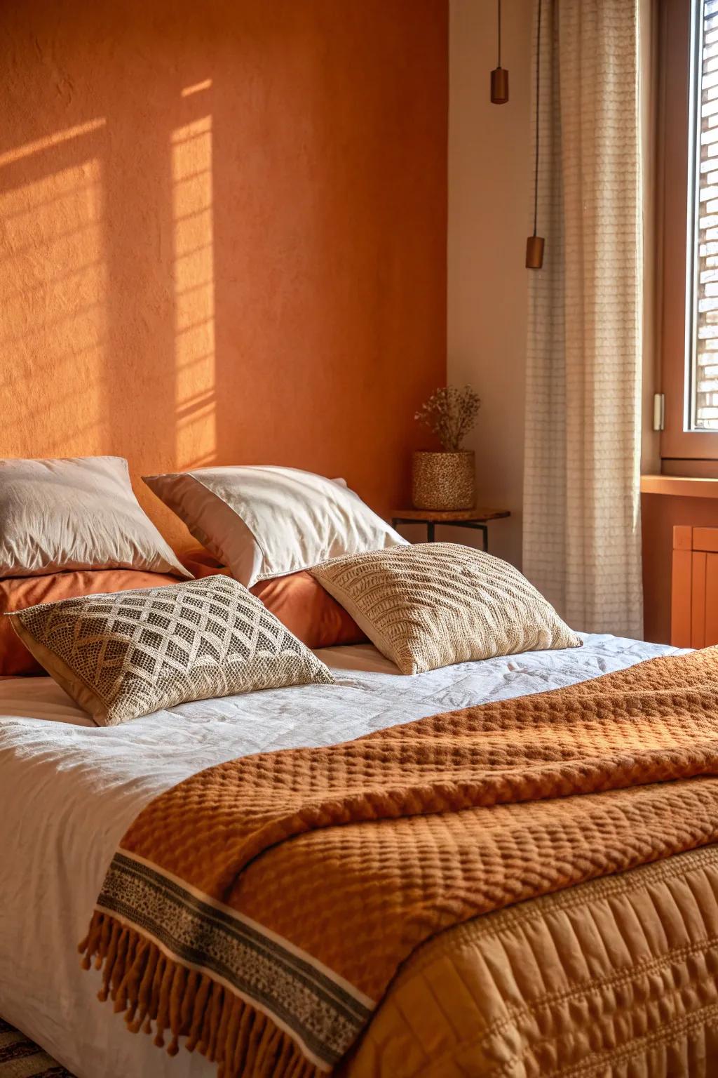 Textured bedding adds depth and balances the boldness of orange walls.