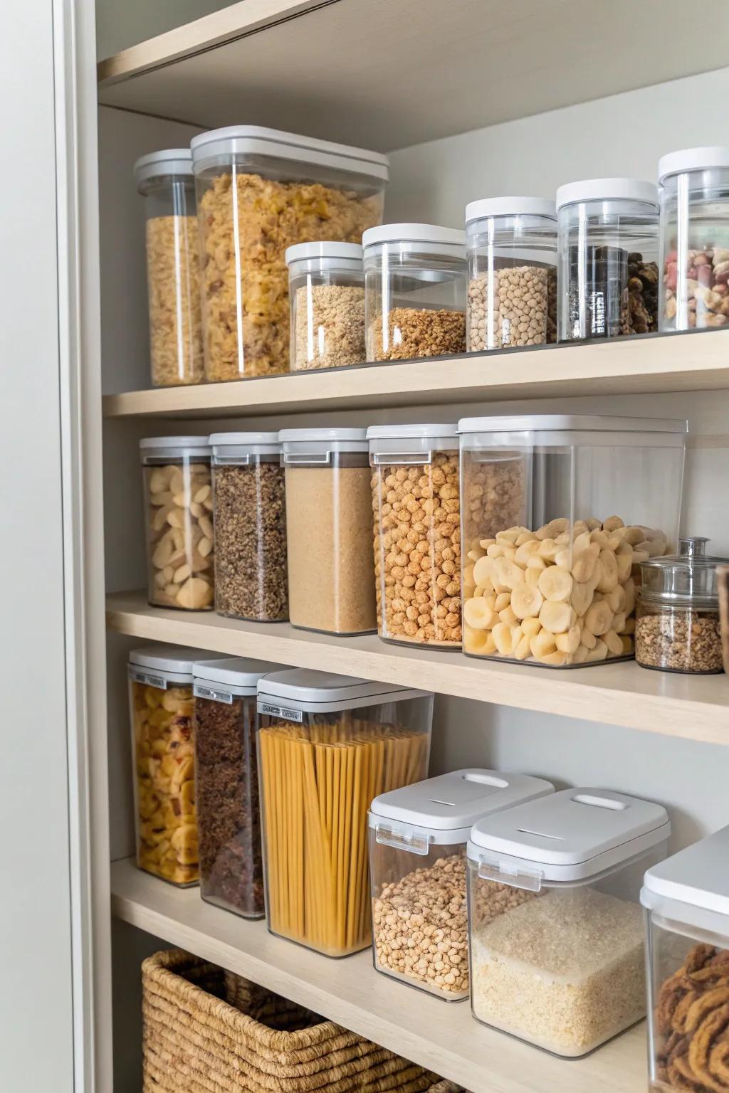 Clear containers streamline pantry organization.