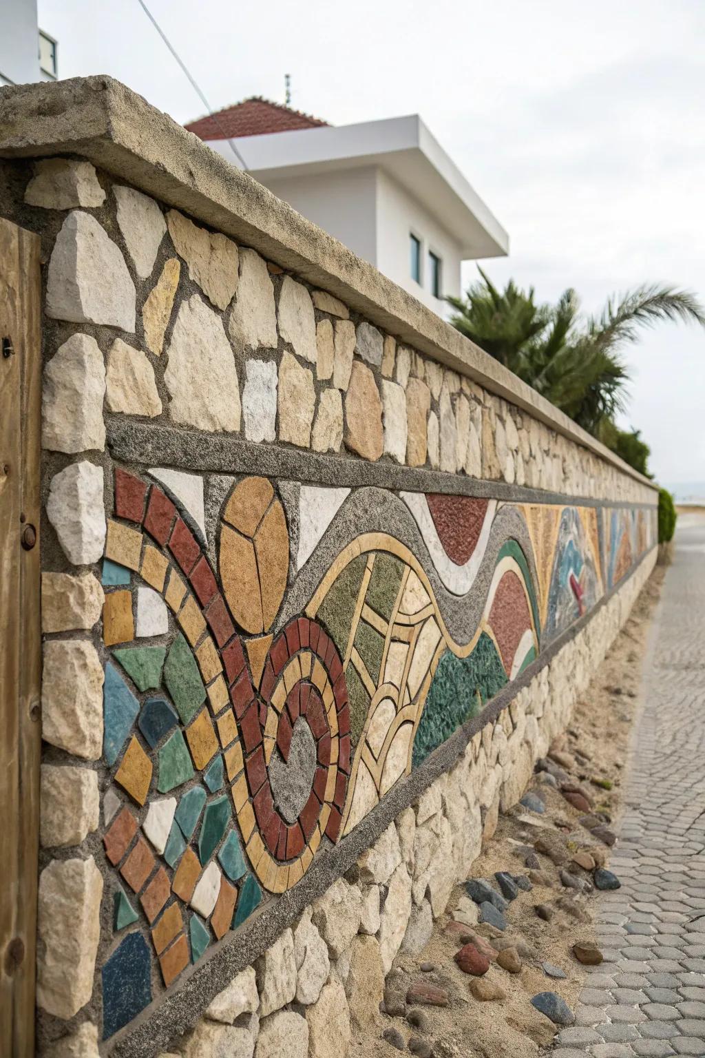 Mosaic stone walls offer a unique and artistic touch.