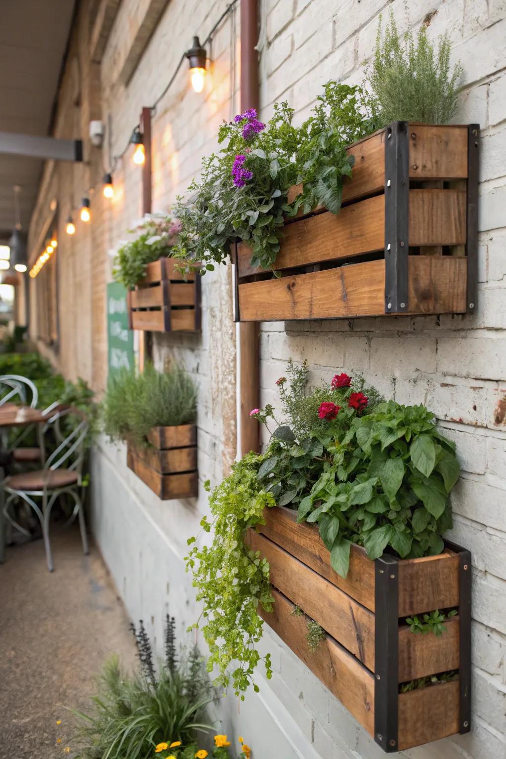 Wood and metal planters offer a stylish contrast.