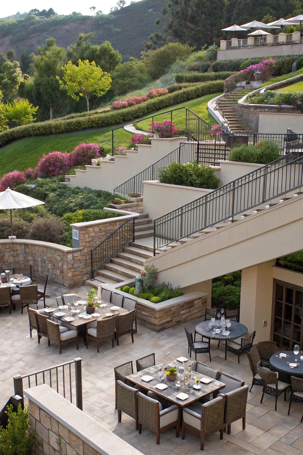 Multi-level patios offer diverse spaces for various activities.