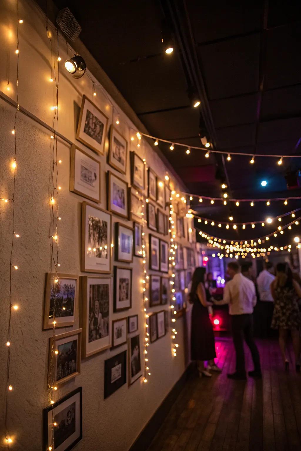 An illuminated photo wall creates a magical and inviting atmosphere.