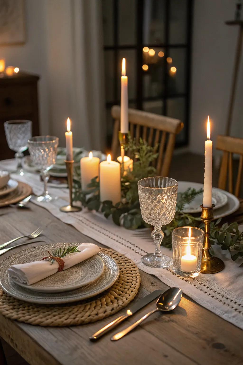 An elegantly set table featuring a warm candlelit ambiance.