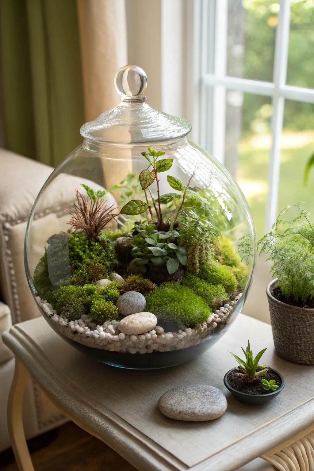An enchanting terrarium, a distinct and serene gift prospect for a mother.