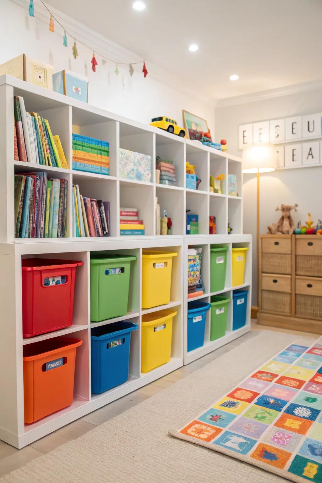 A playroom with color-coordinated bins and shelves for a harmonious look.