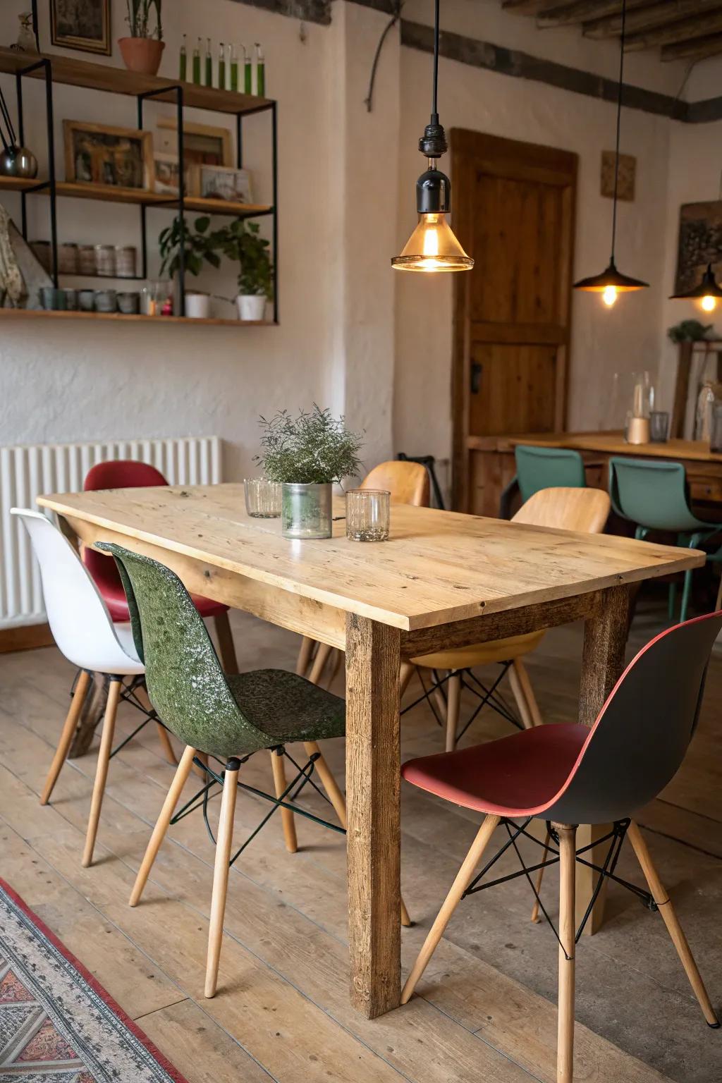 A plywood dining table paired with diverse materials for a unique look.