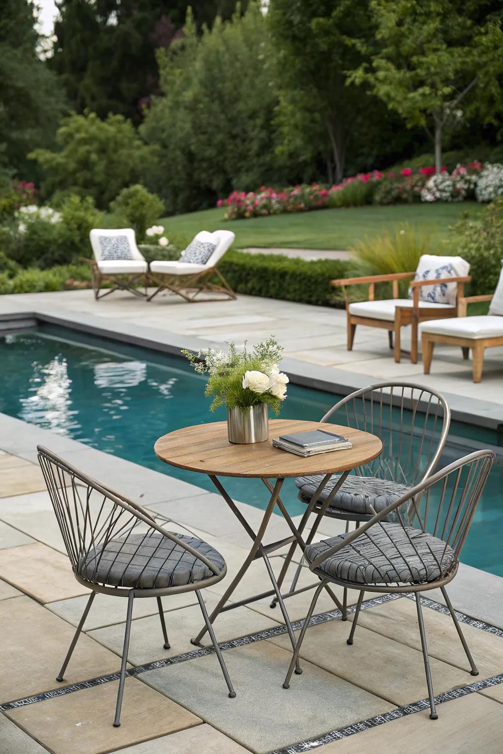 A mix of modern and classic styles can elevate your poolside aesthetic.