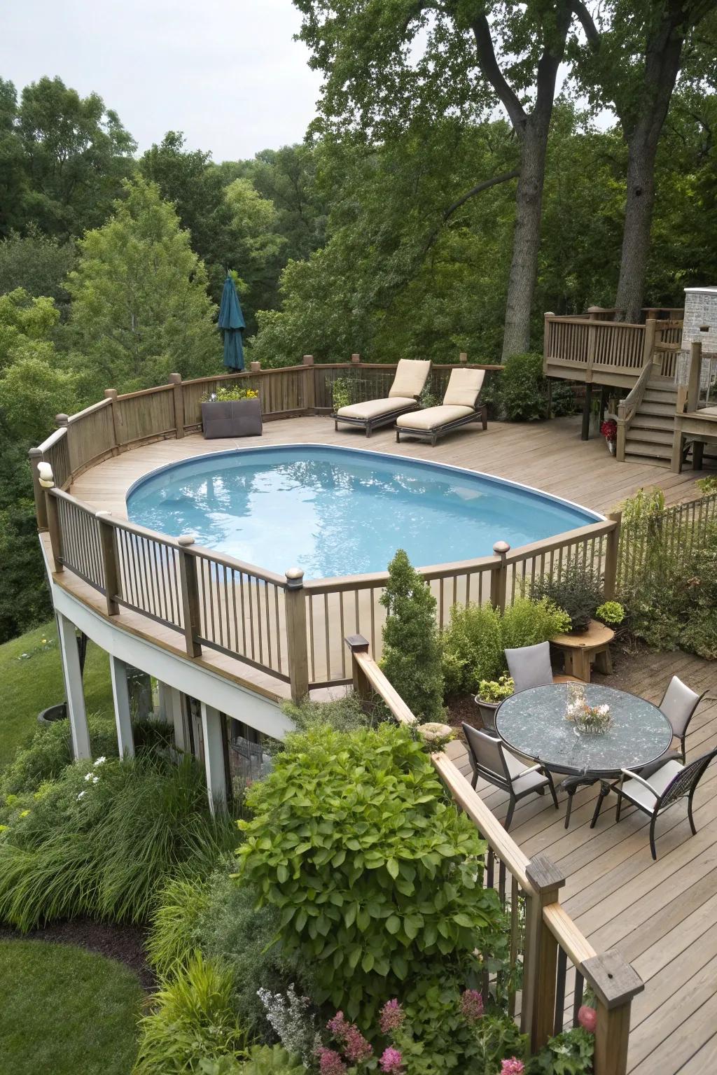 An elevated deck enhances privacy and accessibility for your pool.