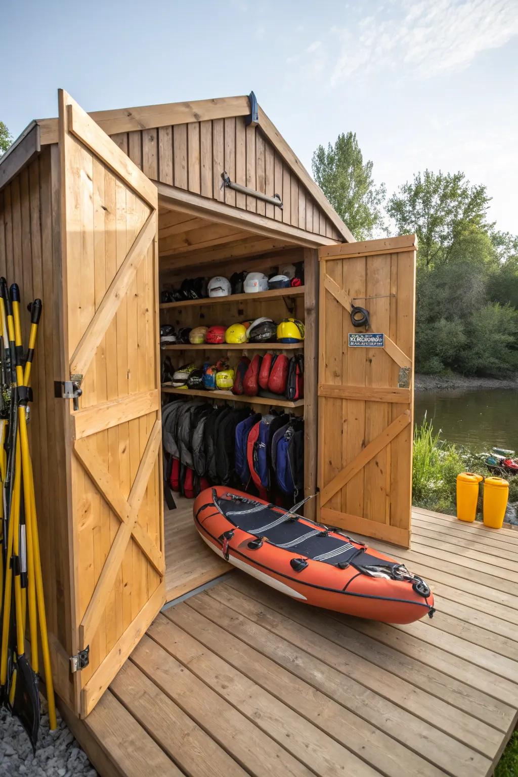 A custom shed offers dedicated space for your raft and gear.