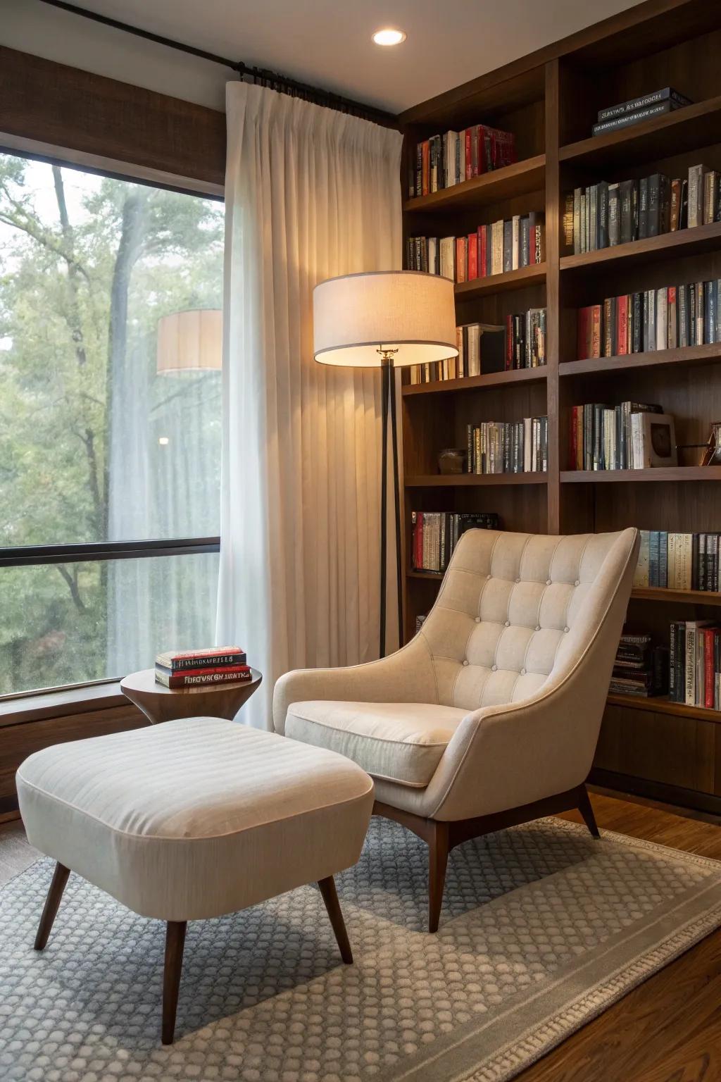 A reading nook with midcentury charm and elegance.