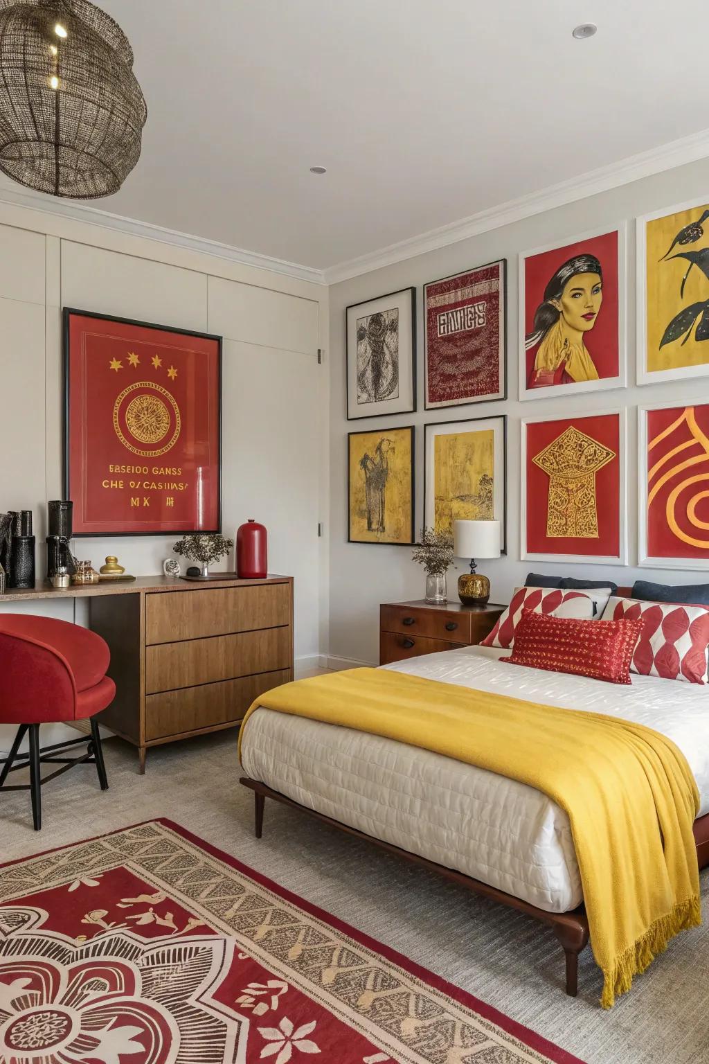 Artwork in scarlet and gold serves as a point of convergence, tying the room's design elements together.