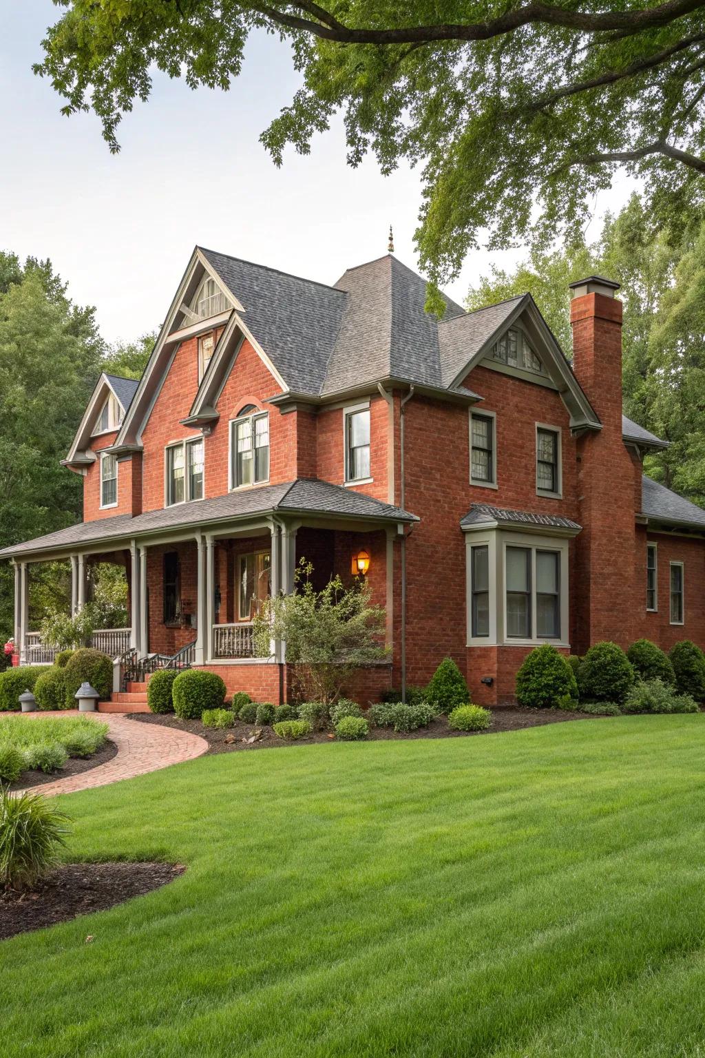 Charred grey trim delivers a harmonious and elegant appearance to red brick exteriors.