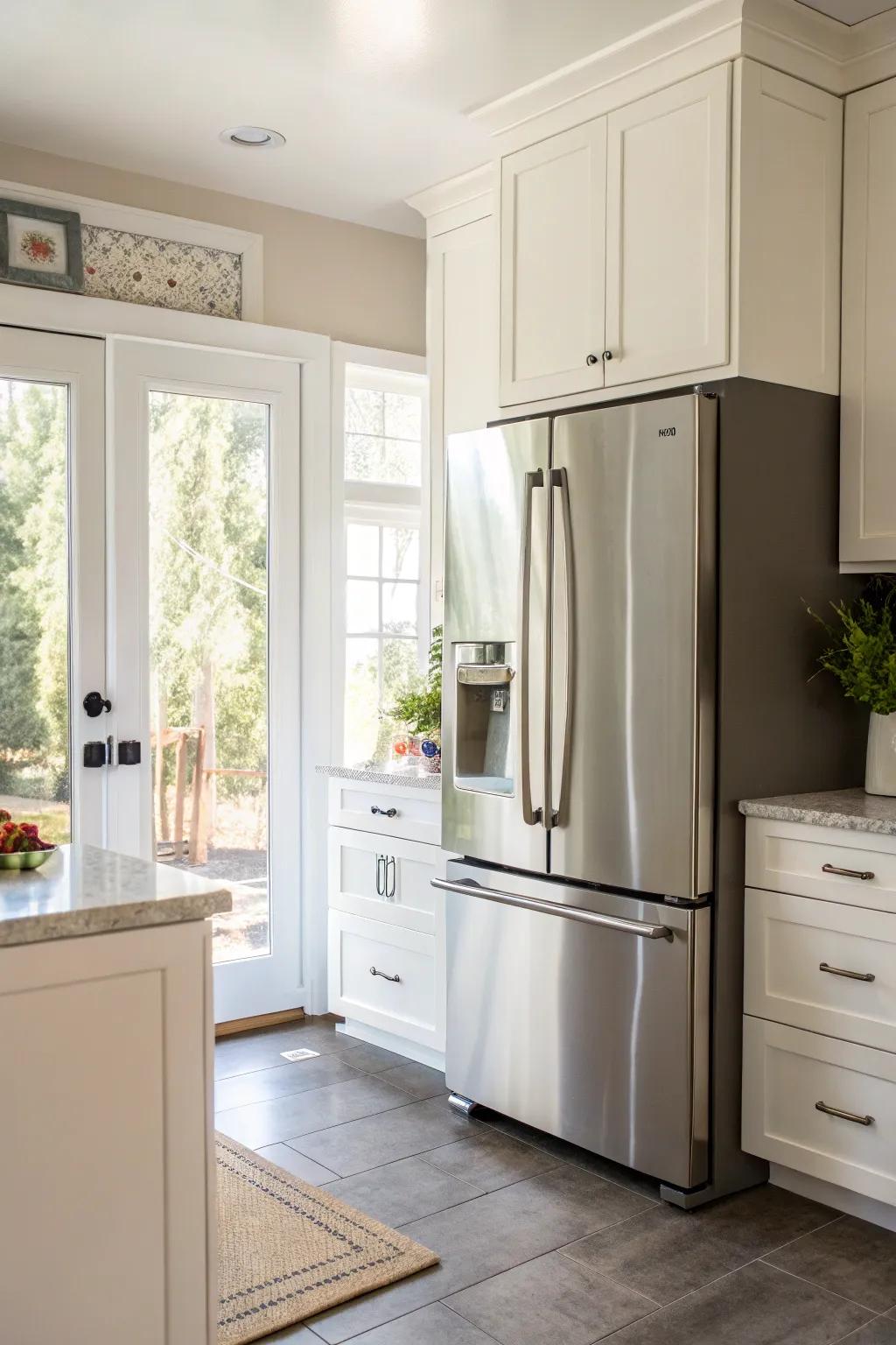 A kitchen featuring an elegant French door refrigerator.