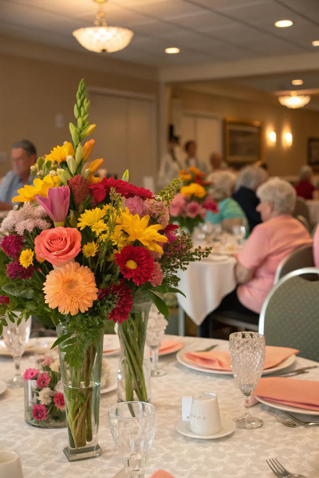 Floral centerpieces contribute elegance and freshness to the celebration.