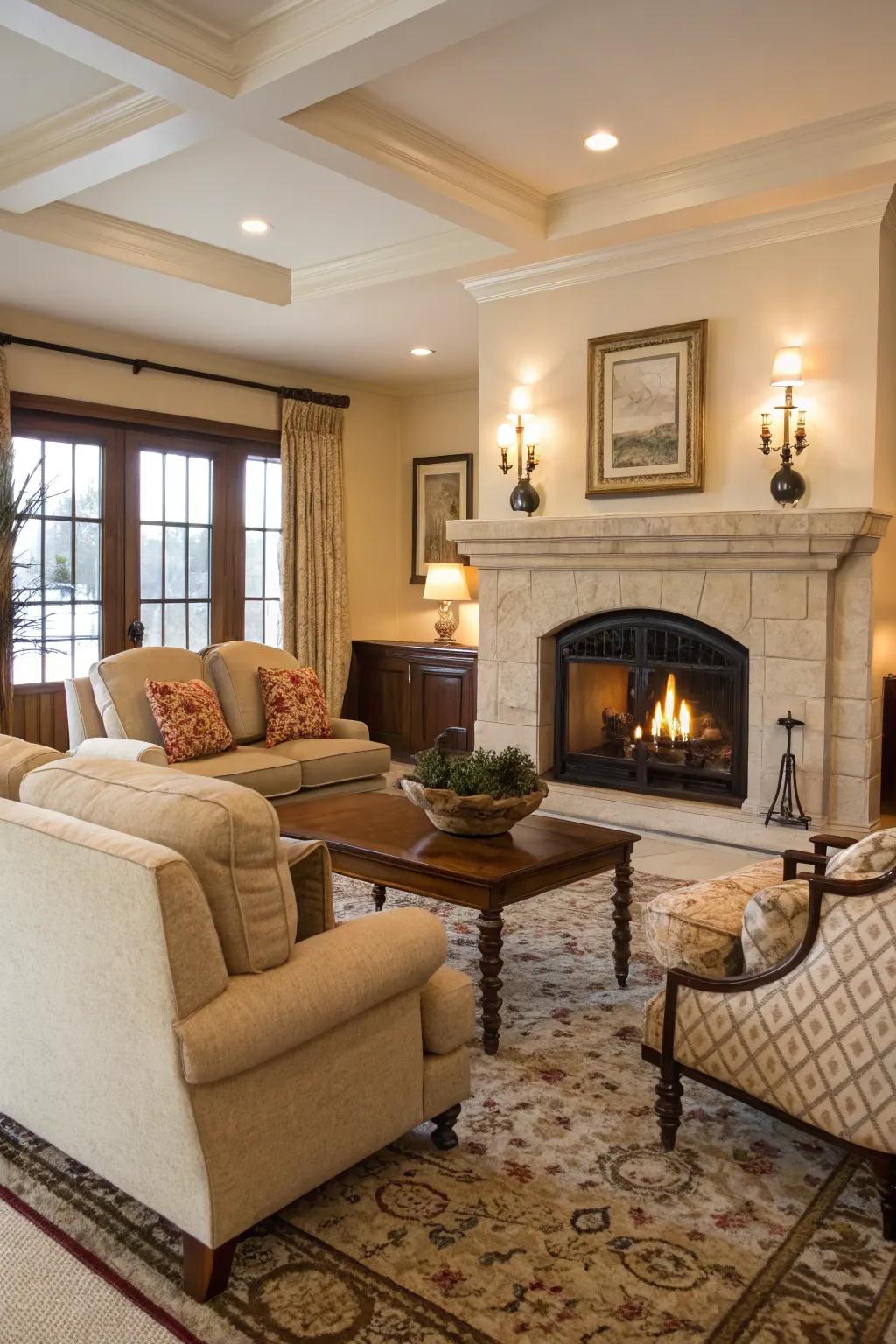 A living room setup that highlights the fireplace as a focal point.