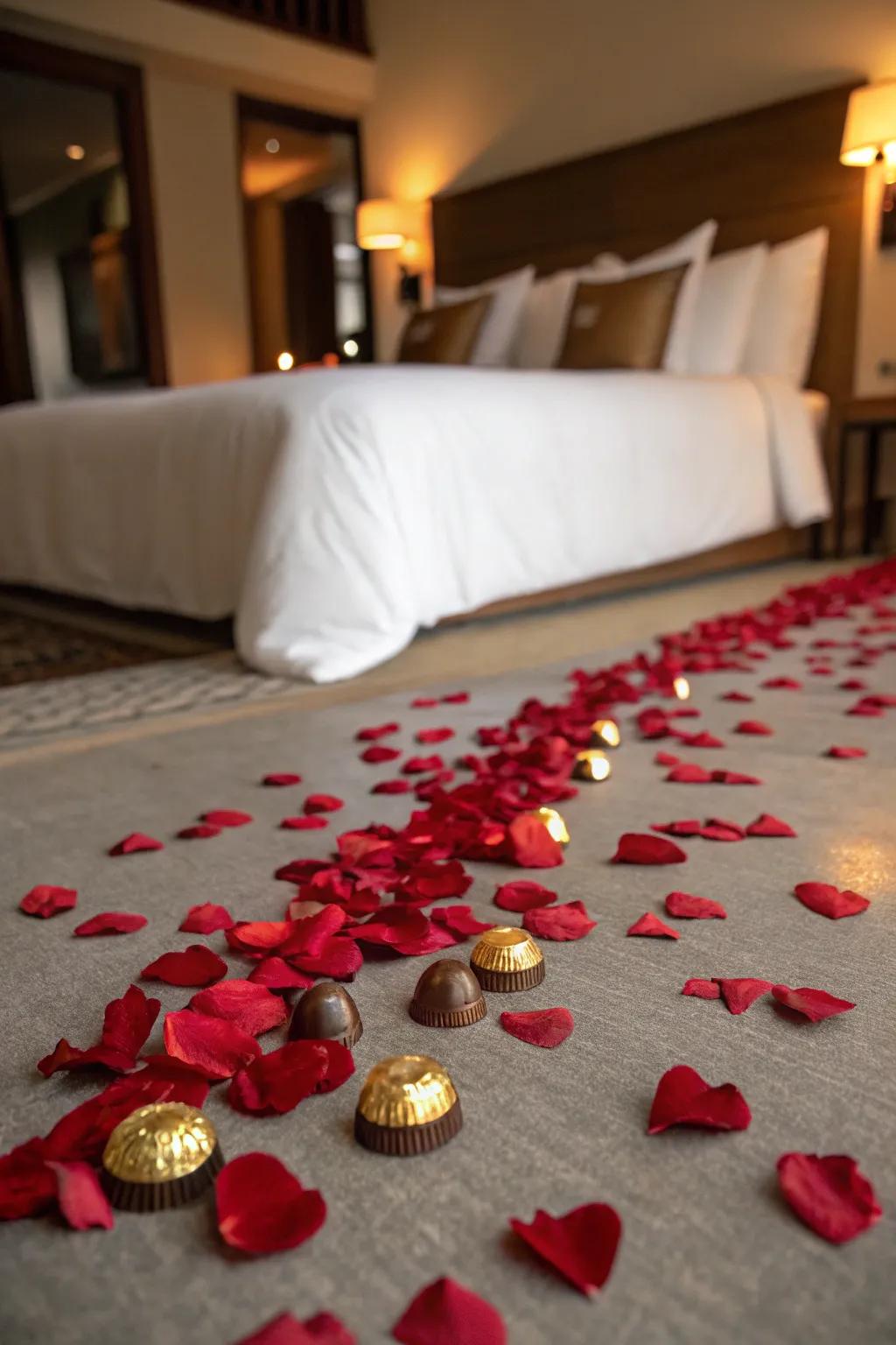 A trail of rose petals and chocolates.