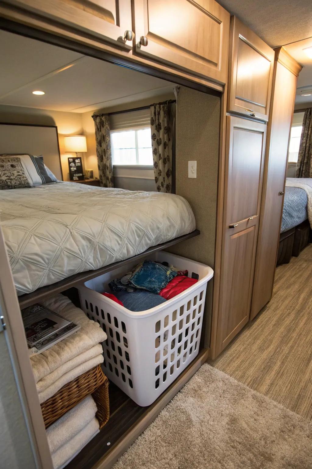 Effective under-bed storage for a clothes hamper in an RV.