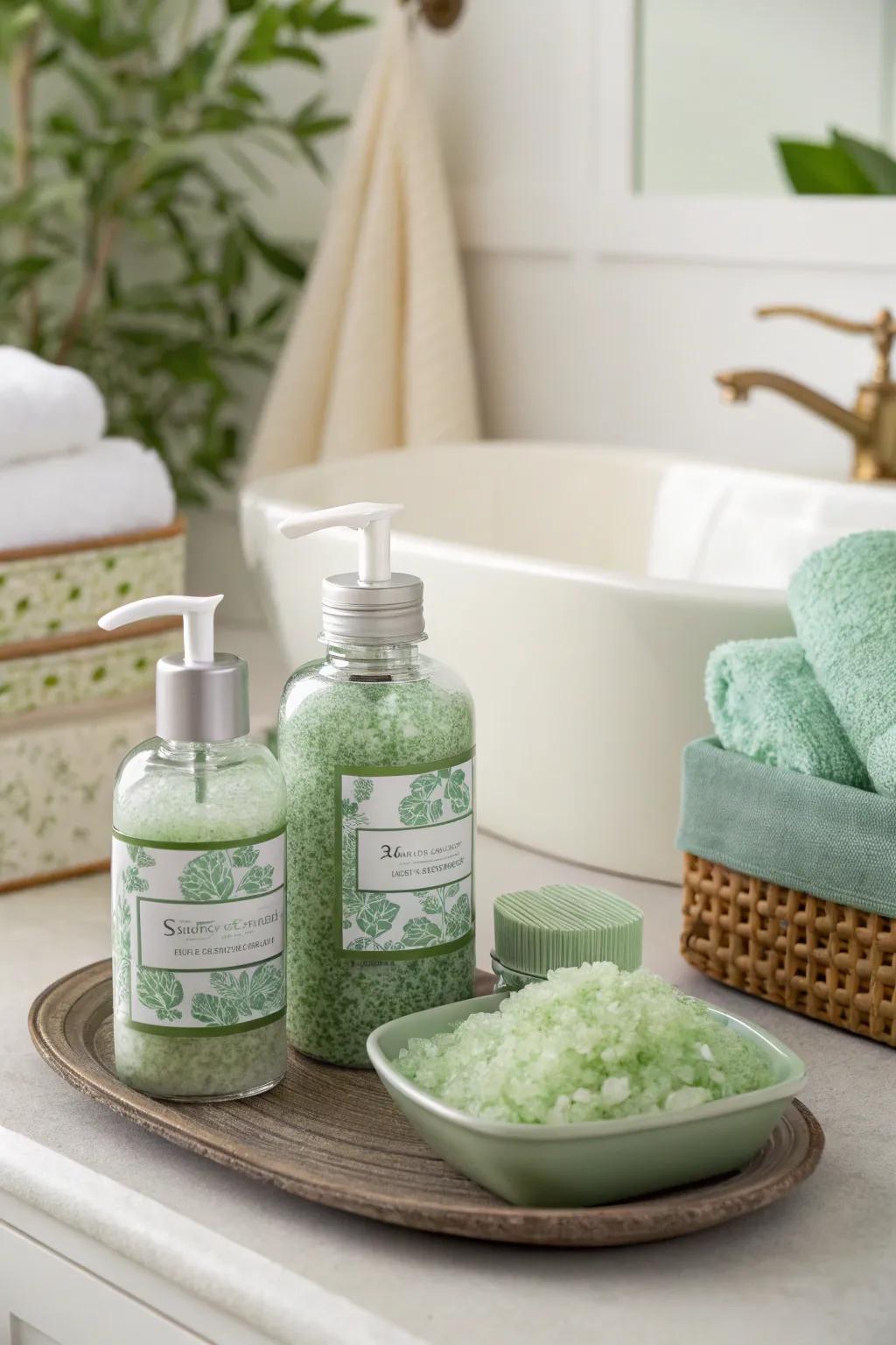 A sage green spa set turns bath time into a luxurious escape.