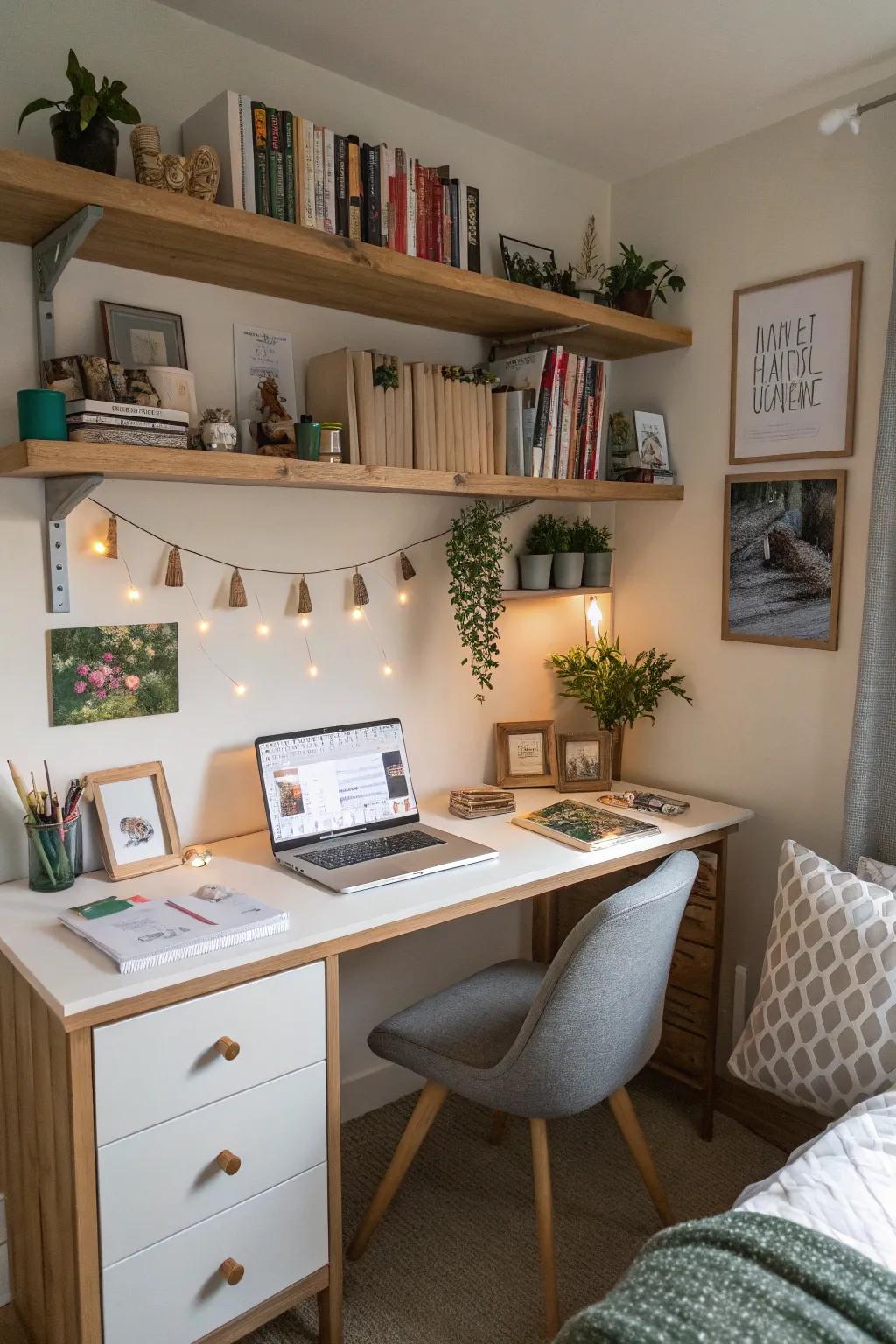 Integrated shelves above a desk for an organized workspace.