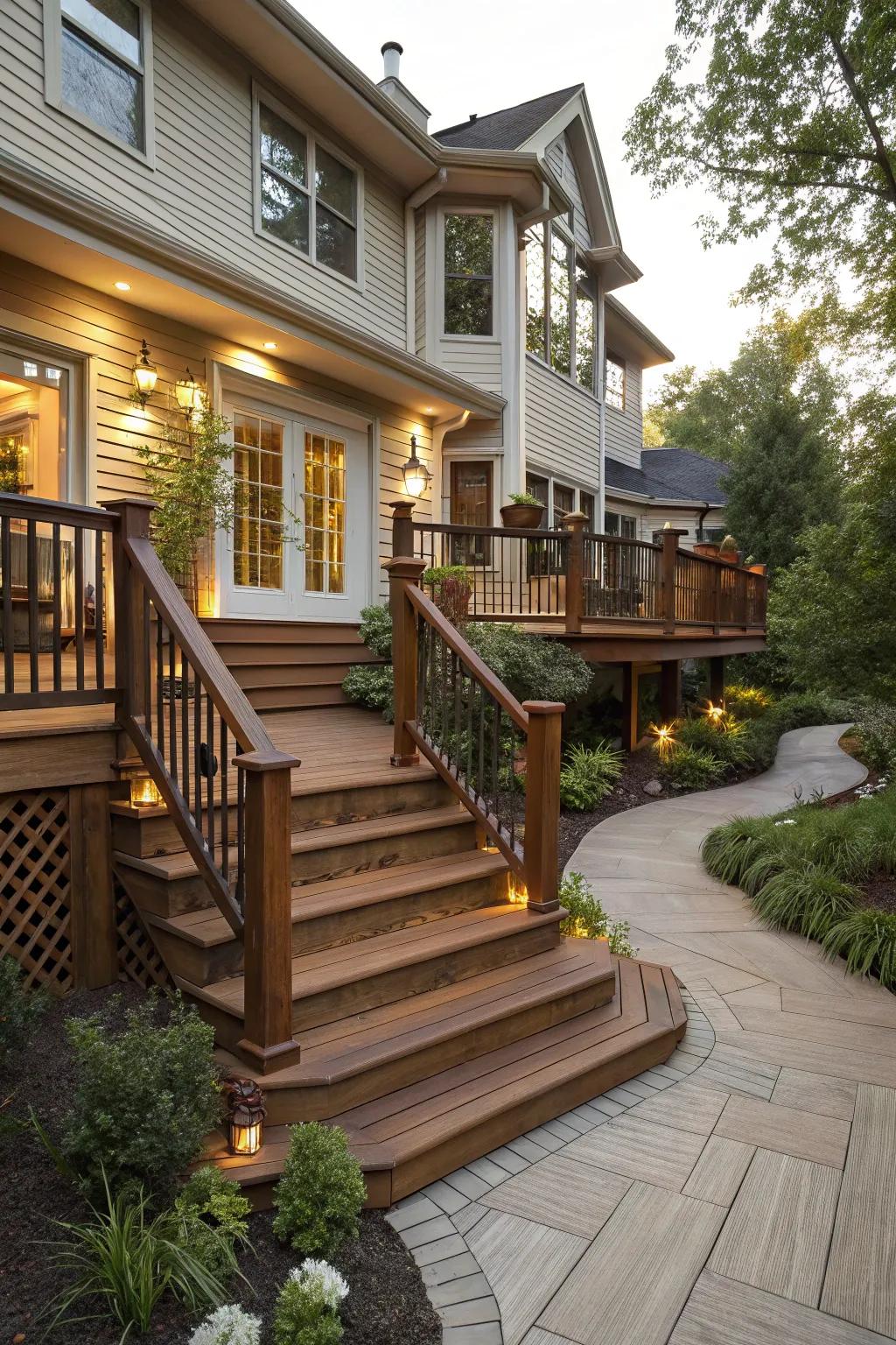 Varied deck levels add depth and interest to the entrance.