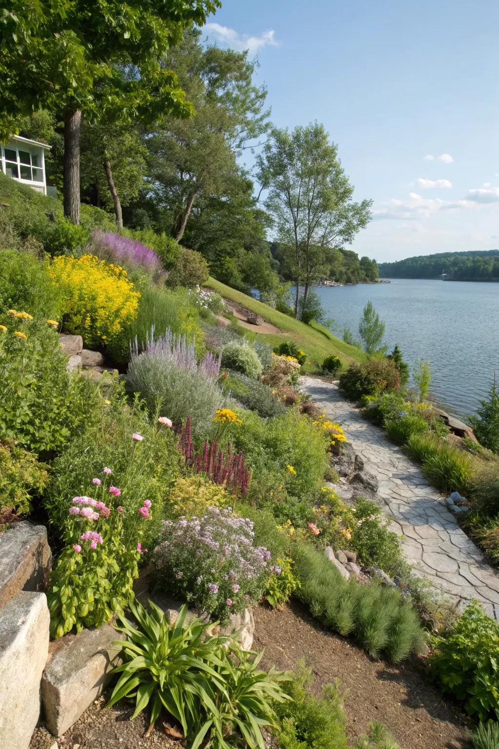 A vibrant native plant garden flourishing on a lakeside slope.