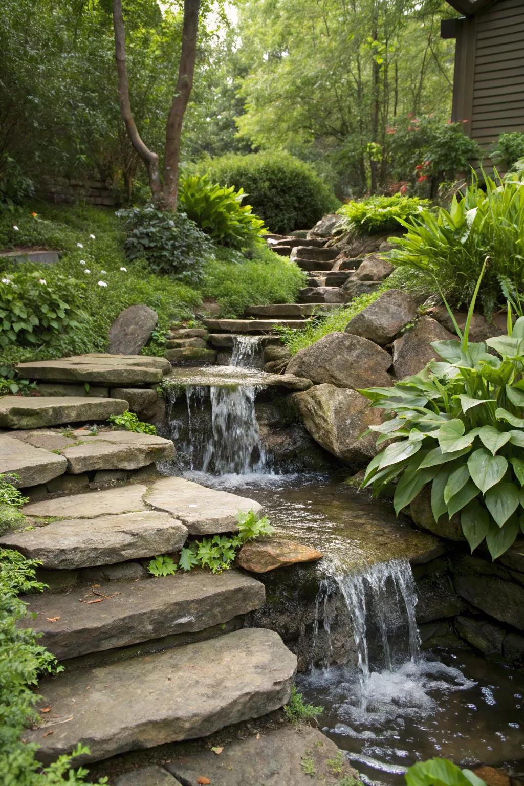 A stepped stone waterfall offers a simple yet elegant water feature.