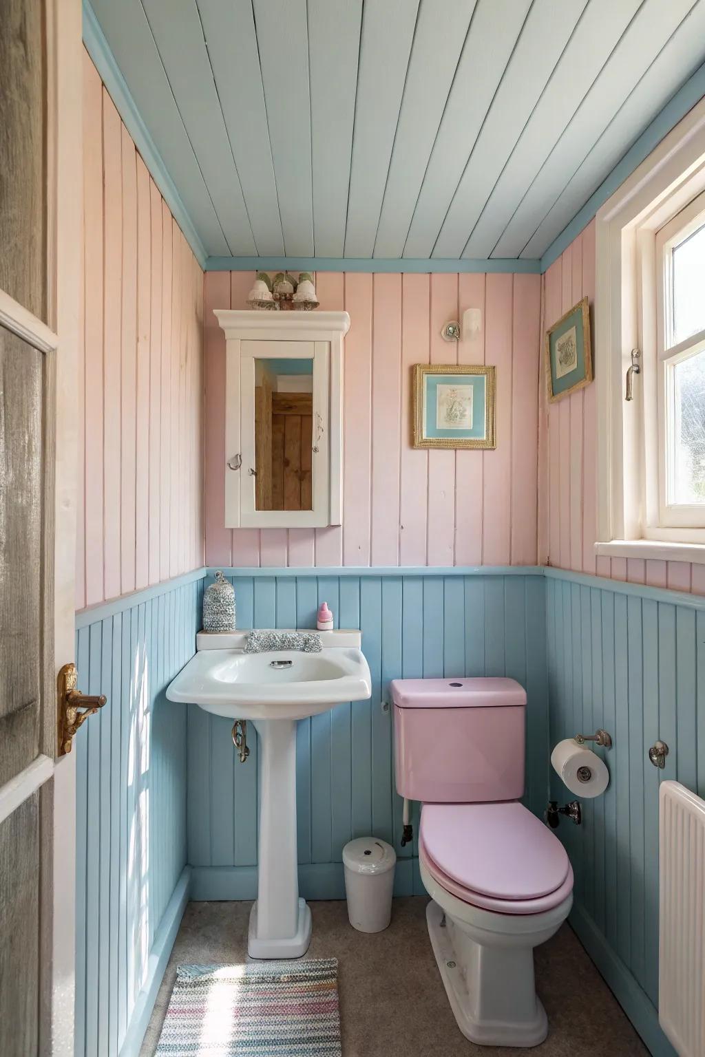 Beadboard paneling in a small bathroom, exuding cottage charm and freshness.