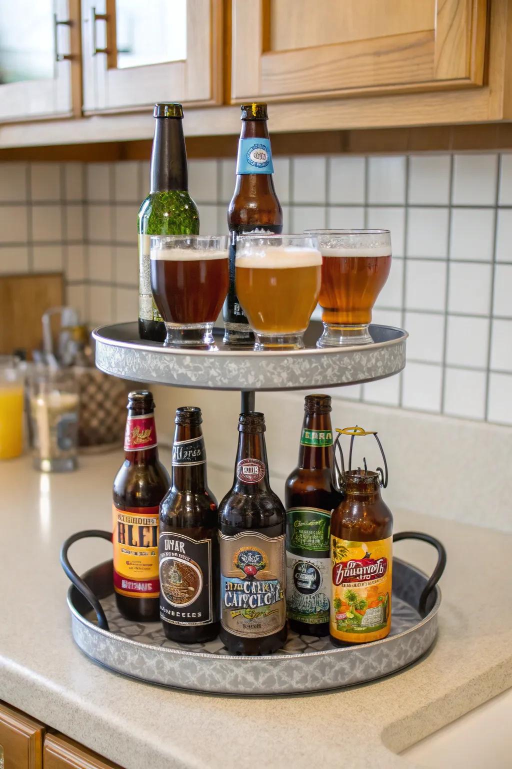Staggered tray beer display enhancing elevation and visual interest.