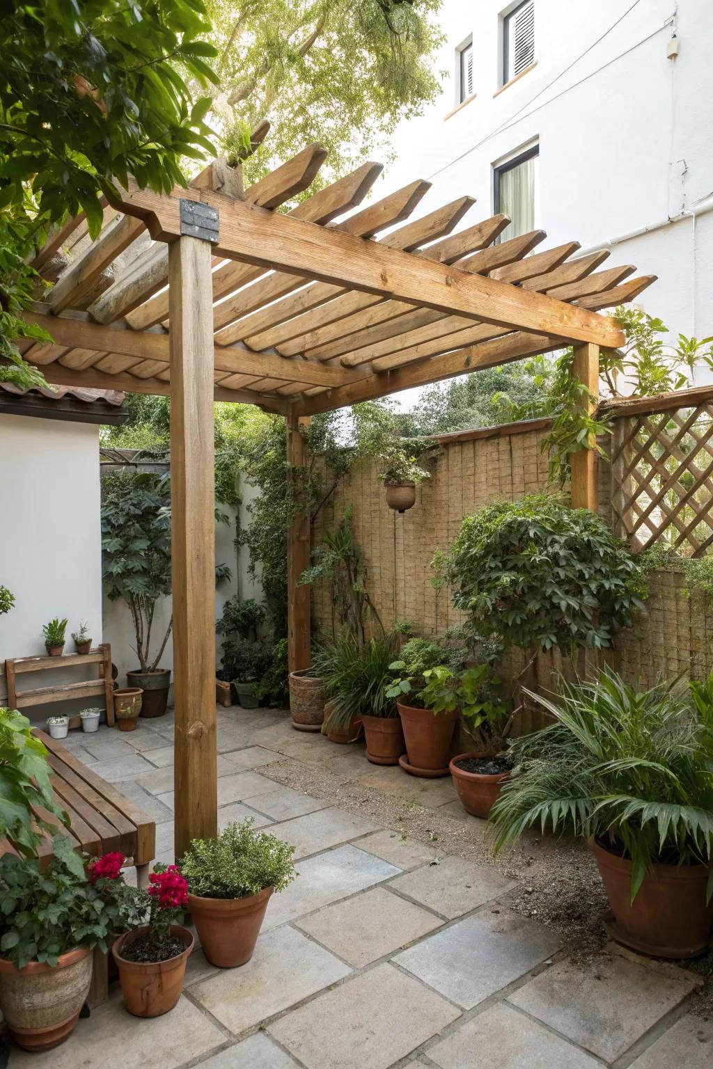 Natural wood elements provide warmth and elegance to a small pergola.