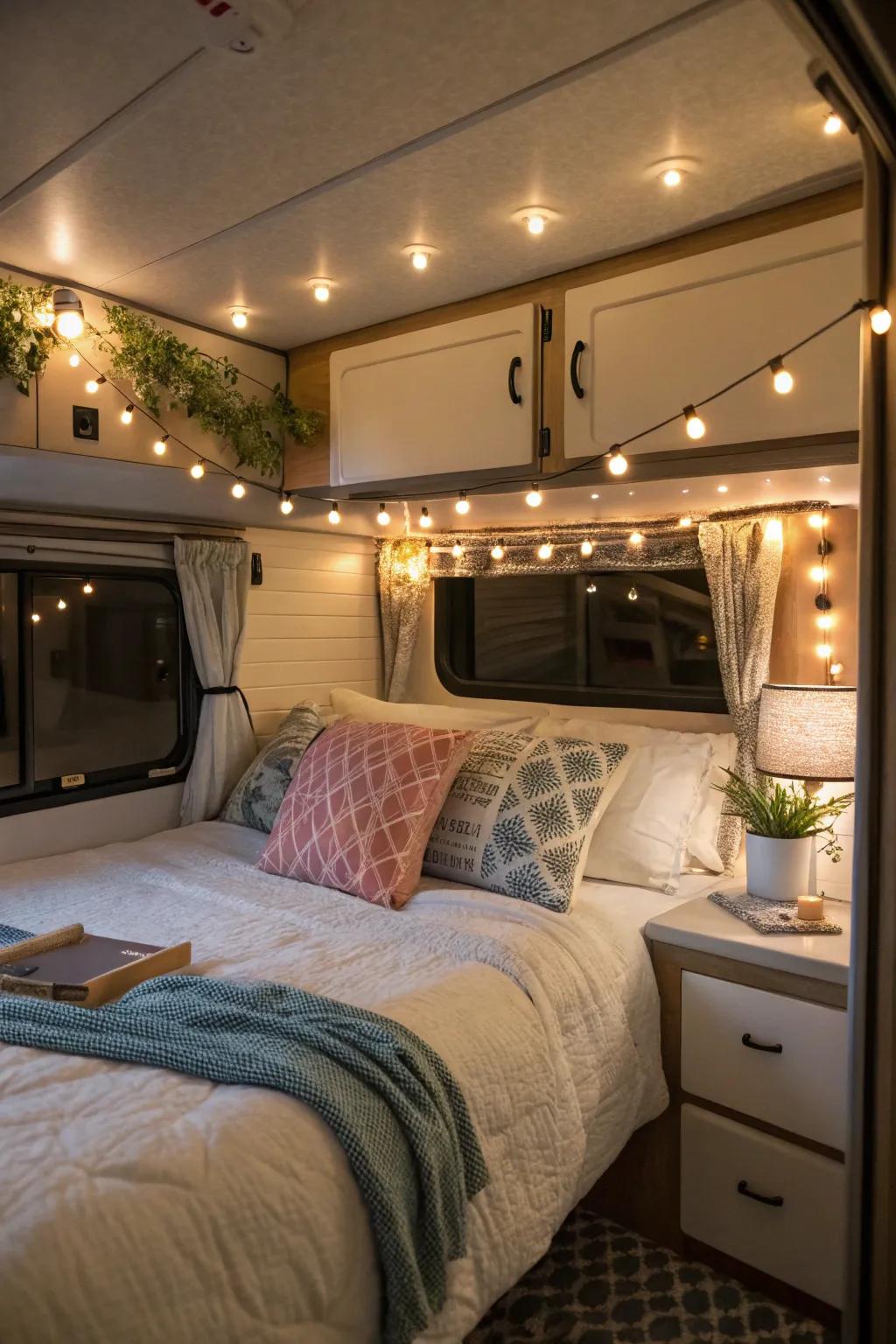 Use ambient lighting to create a warm, inviting atmosphere in your RV bedroom.