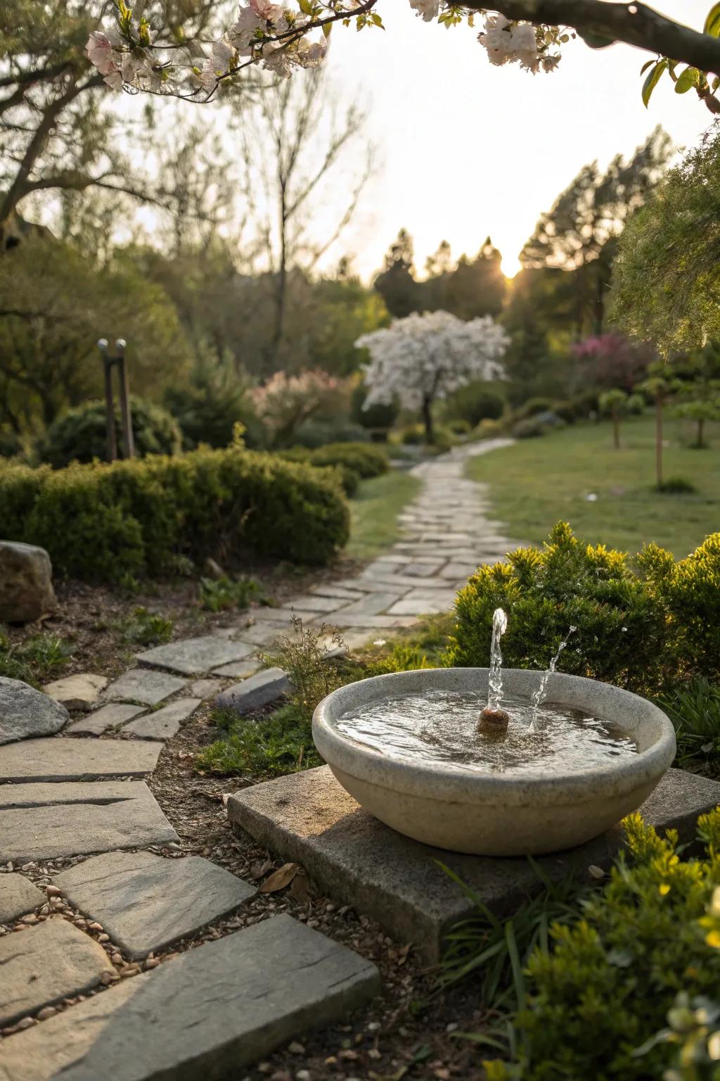 An elegant ceramic bowl housing a solar fountain, for a hint of tranquility.