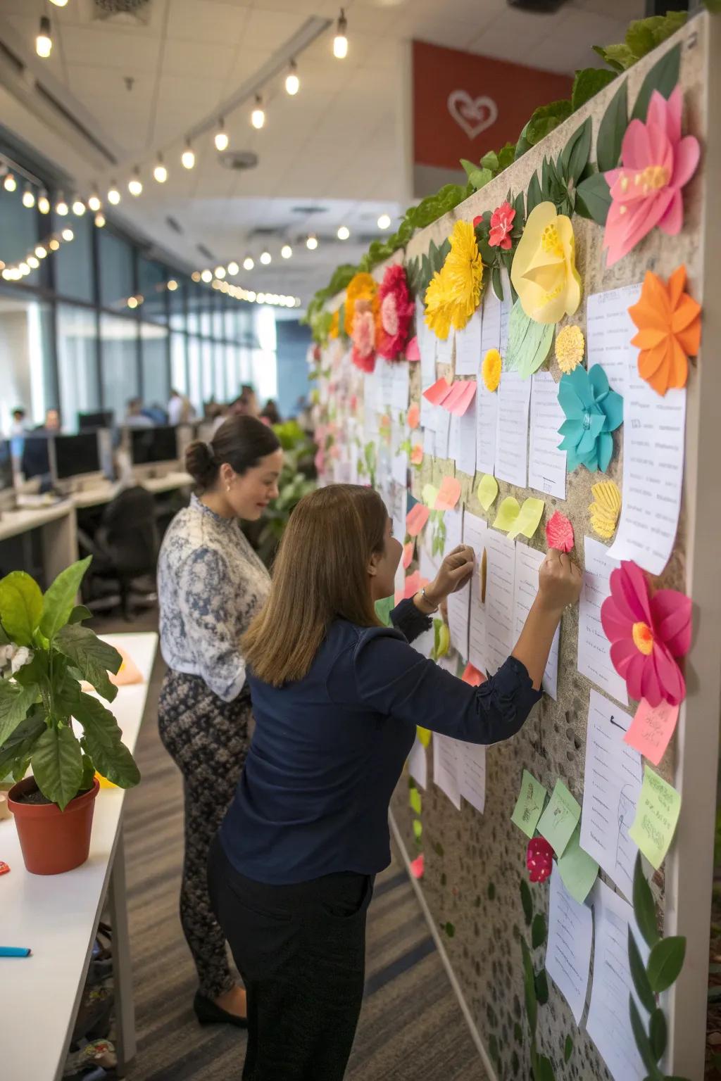 An interactive office bulletin board with paper flowers for team goals.