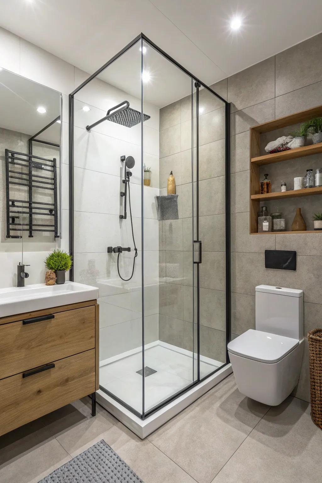 Contemporary fixtures add a sleek touch to a standup shower.