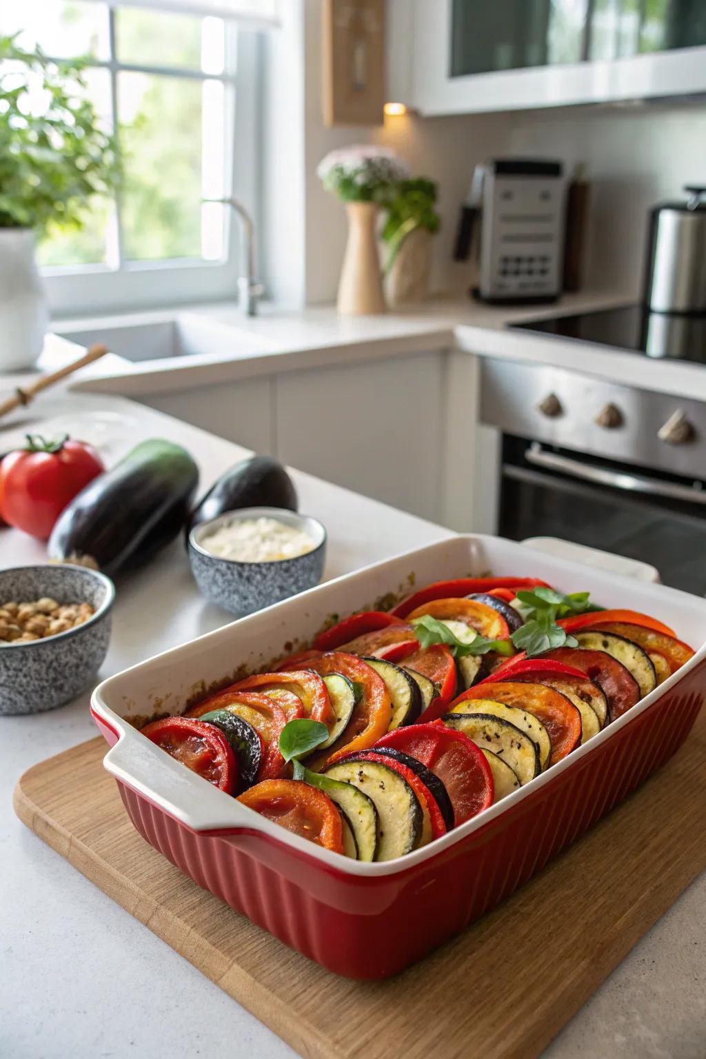 Vegetarian ratatouille casserole, a colorful celebration of fresh produce.