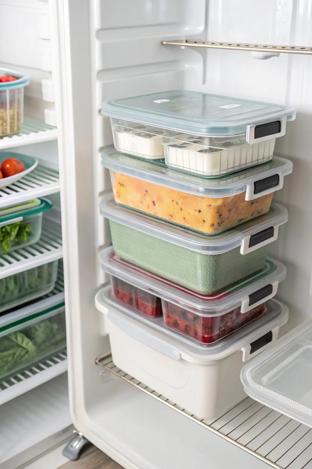 Stackable containers inside a top freezer, showcasing efficient use of vertical storage space.