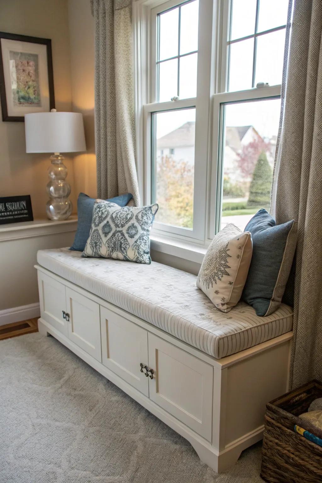 Under-bench storage combines seating with hidden toy storage.