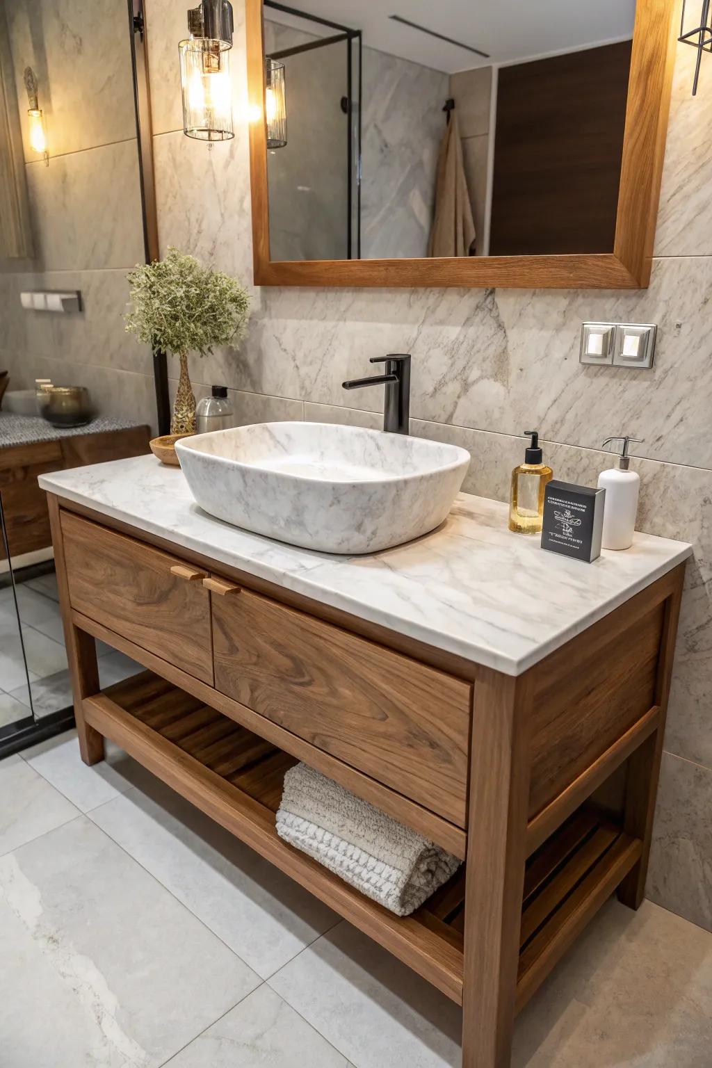 A bathroom vanity featuring a mix of wood and marble for enhanced visual interest.