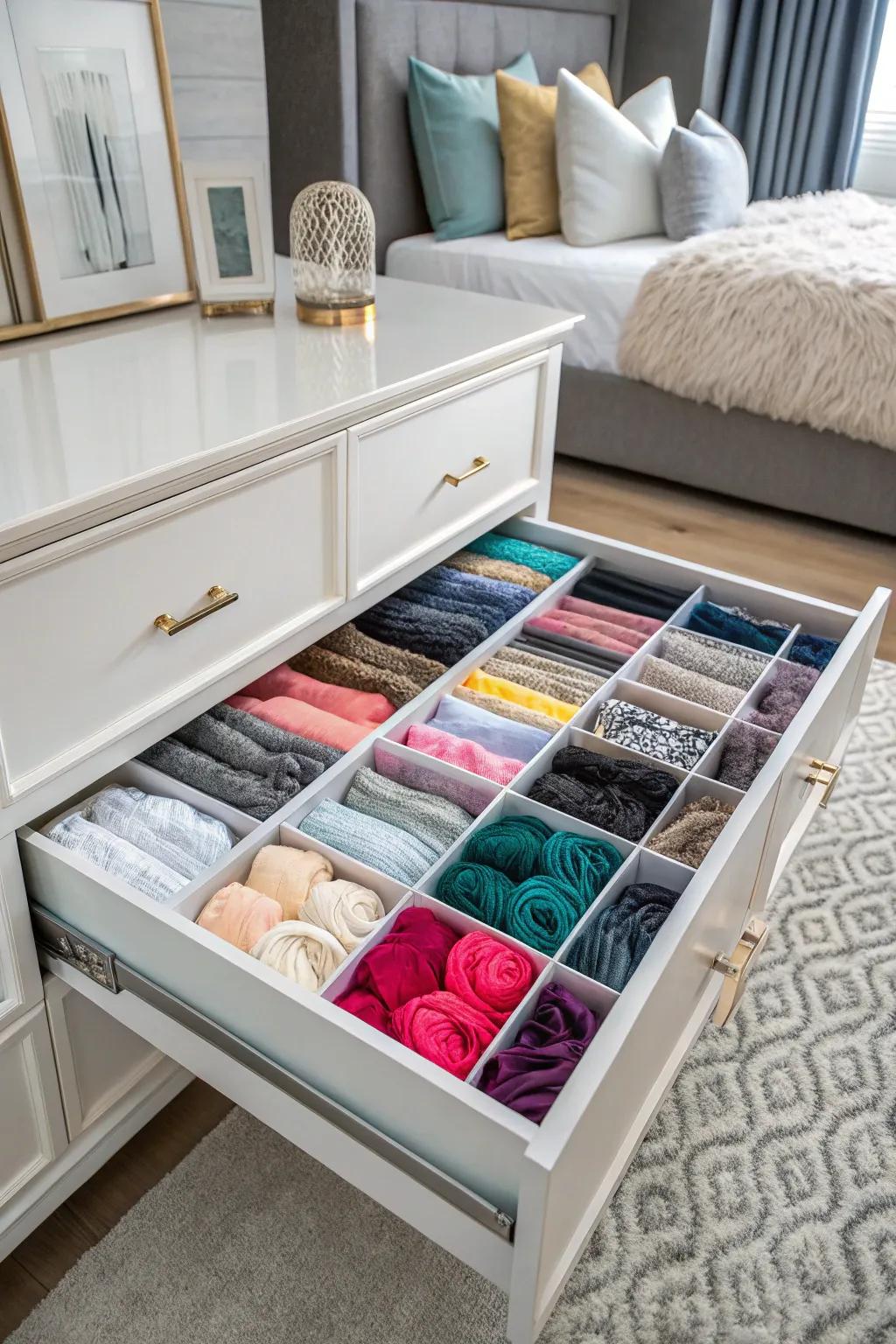 A colorful and coordinated underwear drawer.