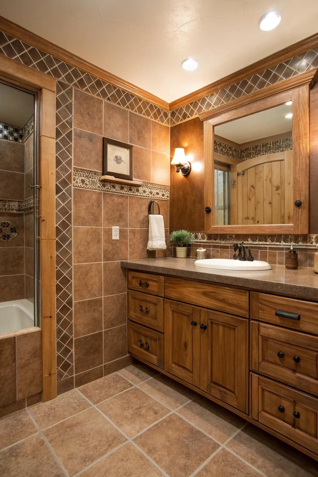 Wood elements pair perfectly with brown tiles for a natural feel.