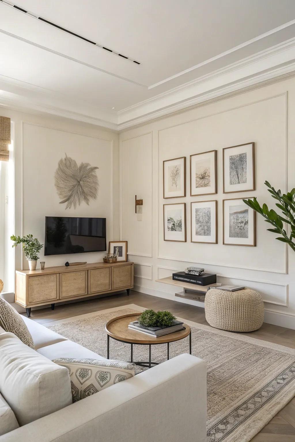 A minimalist living room with clean lines and simple wall art.