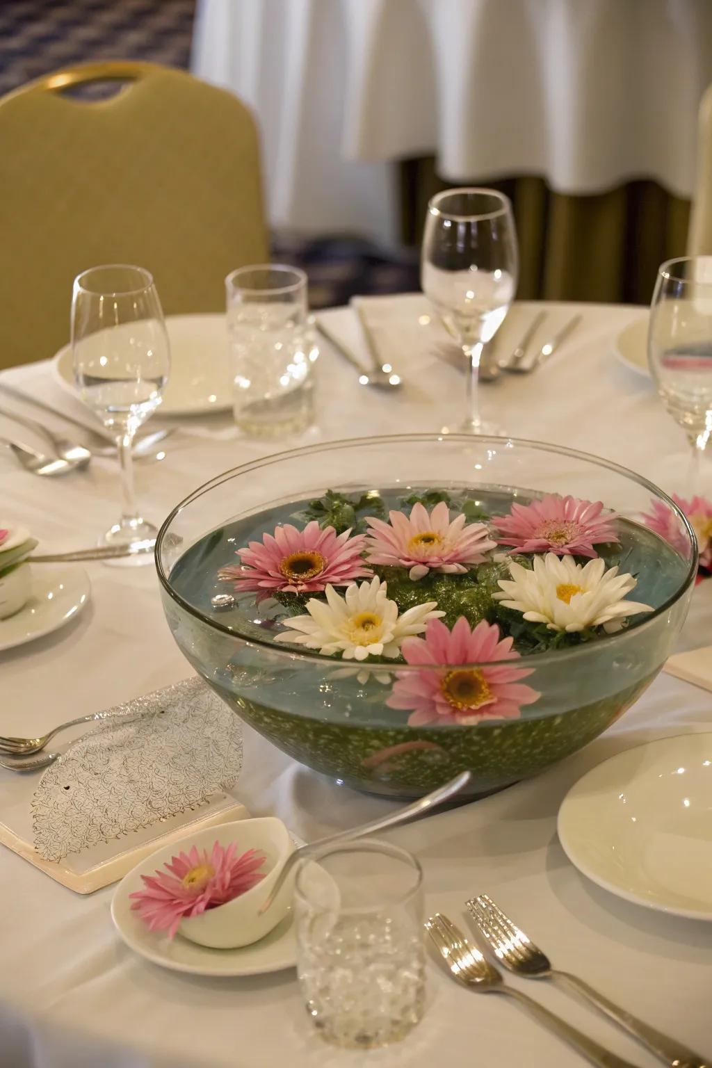 Floating flowers create a charming centerpiece.