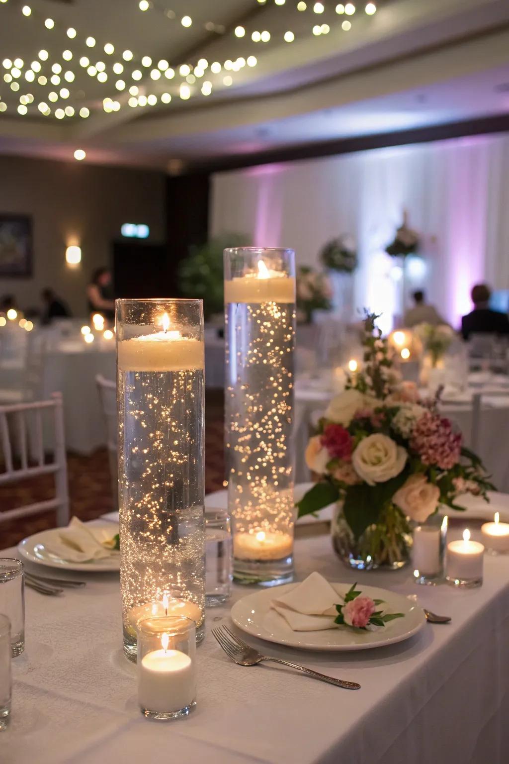 LED illuminations append a magical sparkle to floating light centerpieces.