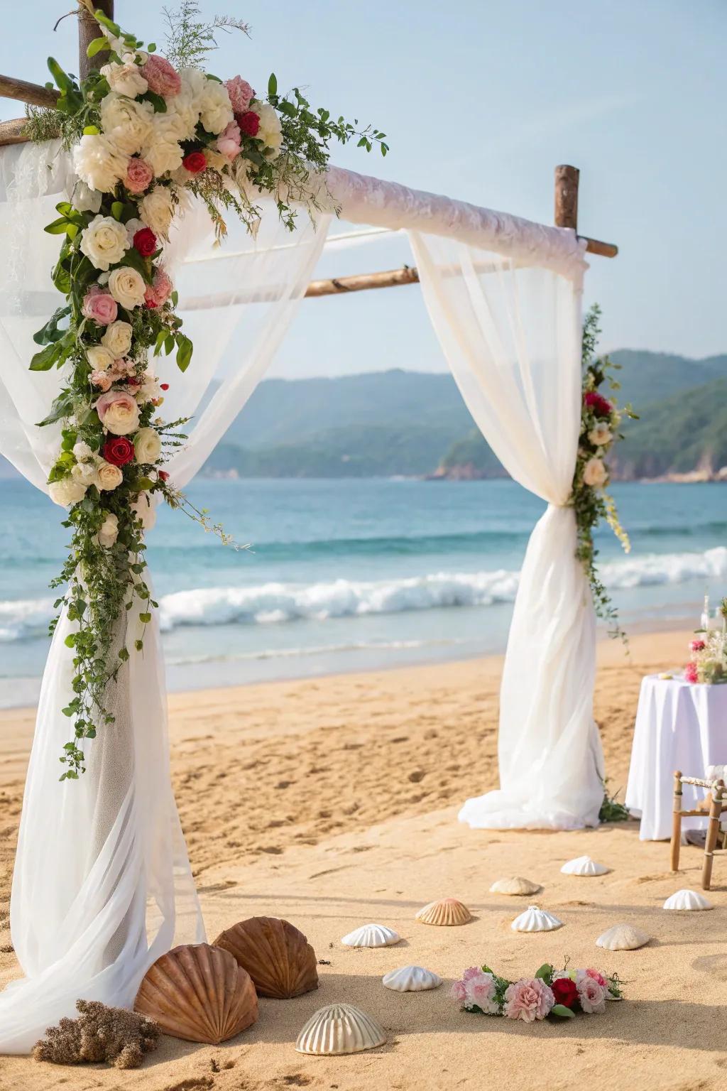 A serene beach wedding theme with natural oceanic elements.