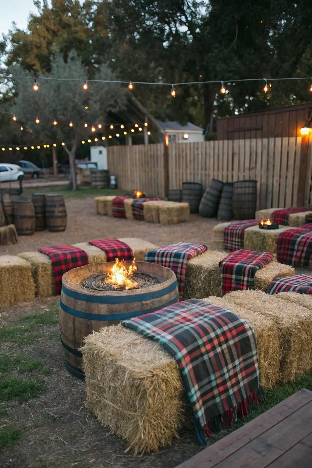 Hay bales provide rustic and comfortable seating options.