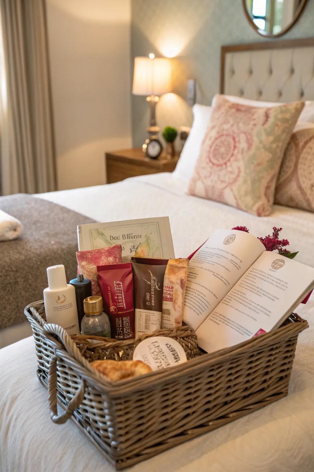 A uniquely composed gift basket elevates the sensation of luxury within your bedroom.